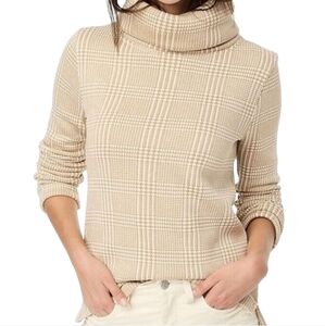 🔥J.CREW Factory Tan/Ivory Plaid Long Sleeve‎ Funnelneck Pullover Sweater SZ S